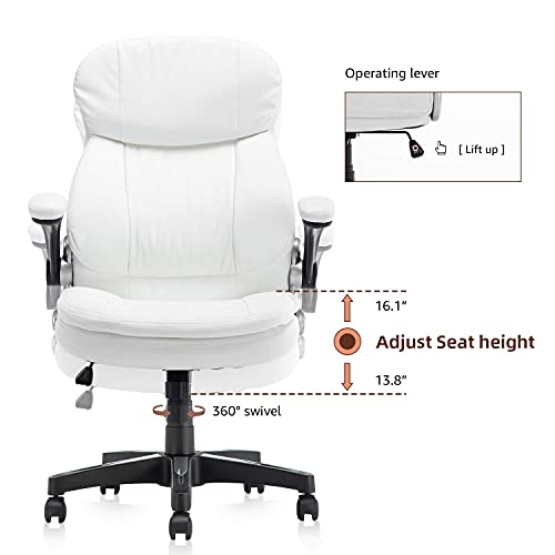 Seatingplus Home Office Chair High Back PU Leather Desk Chair Flip-up Armrests Ergonomic Computer Chair with Lumbar Support, White