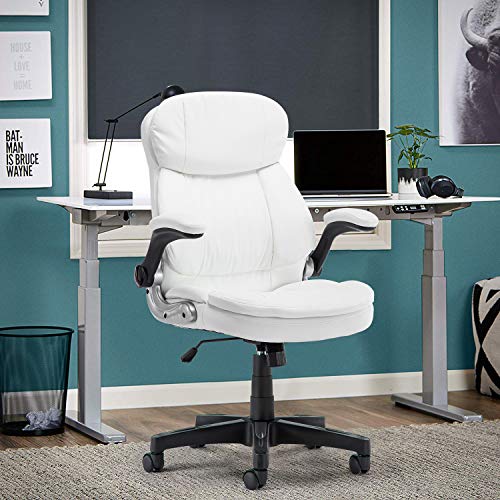 Seatingplus Home Office Chair High Back PU Leather Desk Chair Flip-up Armrests Ergonomic Computer Chair with Lumbar Support, White