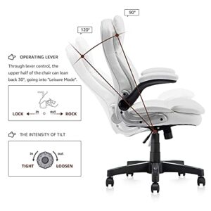 Seatingplus Home Office Chair High Back PU Leather Desk Chair Flip-up Armrests Ergonomic Computer Chair with Lumbar Support, White