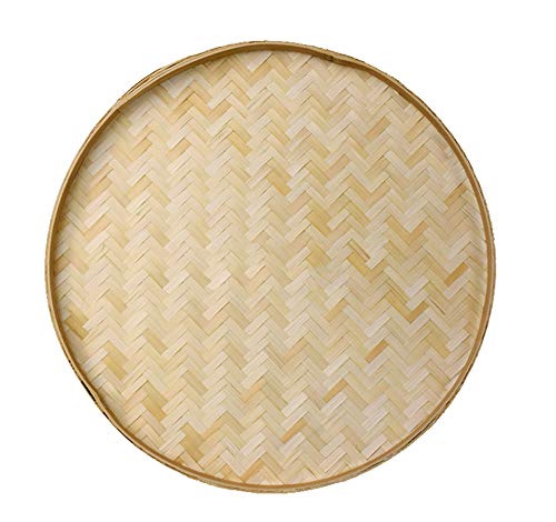 100% Handwoven Flat Wicker Round Fruit Basket Woven Food Storage Weaved Shallow Tray Bin Vegetable Organizer Holder Bowl Decorative Rack Display Kids DIY Art Drawing Board Tablet Paint (42cm/16.5")