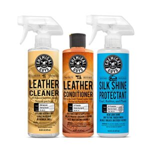 chemical guys spi_109_16s leather cleaner and conditioner complete leather care kit (16 fl oz) + tvd_109_16 silk shine protectant dressing for tires, trim, vinyl, plastic & more (16 fl oz) 3 items