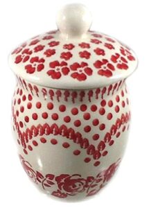 small lidded jar my valentine red white 3/4 cup polish pottery