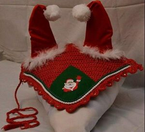lift sports horse christmas santa claus fly bonnet with ears net breathable cotton hand made crochet tack shows equestrian fly veil hood mask (horse/full)