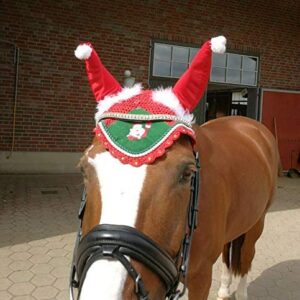 Lift Sports Horse Christmas Santa Claus Fly Bonnet with Ears NET Breathable Cotton Hand Made Crochet TACK Shows Equestrian Fly Veil Hood MASK (Horse/Full)