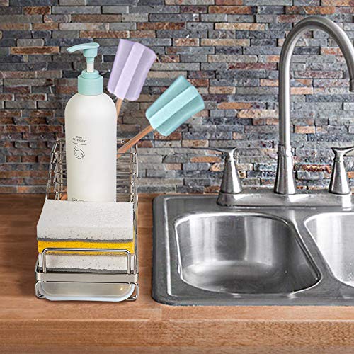 Nieifi Sink Caddy Organizer Sponge Soap Brush Holder with Drain Pan Stainless Steel for Kitchen