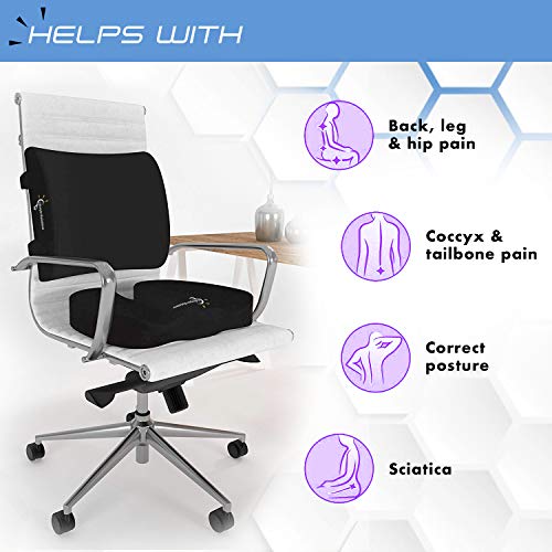 Lifestyle Memory Foam Seat Cushion and Lumbar Back Cushion Combo, Gel Infused Ventilated, Orthopedic Design for Coccyx Tailbone Pain and Sciatica, Perfect for Office Chair (Black)