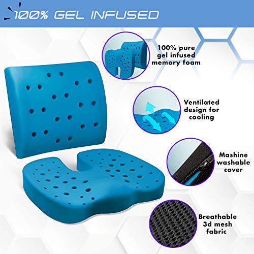 Lifestyle Memory Foam Seat Cushion and Lumbar Back Cushion Combo, Gel Infused Ventilated, Orthopedic Design for Coccyx Tailbone Pain and Sciatica, Perfect for Office Chair (Black)