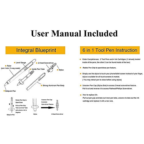 DUNBONG Metal Multi tool Pen 6-in-1 Stylus Pen - With Screwdriver, Ballpoint Pen Black ink, Stylus pen, Level and Ruler, 1-Count (Silver)