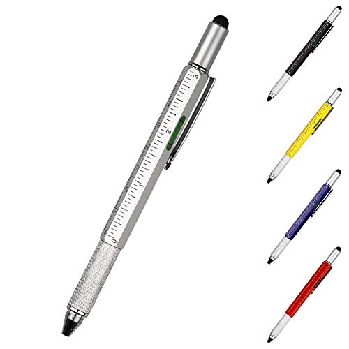 DUNBONG Metal Multi tool Pen 6-in-1 Stylus Pen - With Screwdriver, Ballpoint Pen Black ink, Stylus pen, Level and Ruler, 1-Count (Silver)