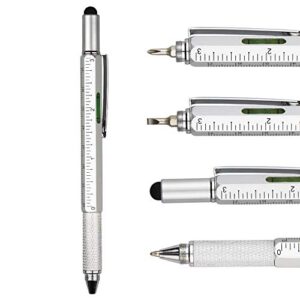dunbong metal multi tool pen 6-in-1 stylus pen - with screwdriver, ballpoint pen black ink, stylus pen, level and ruler, 1-count (silver)