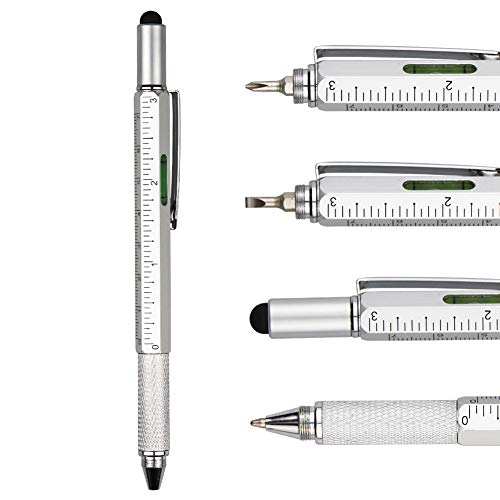 DUNBONG Metal Multi tool Pen 6-in-1 Stylus Pen - With Screwdriver, Ballpoint Pen Black ink, Stylus pen, Level and Ruler, 1-Count (Silver)