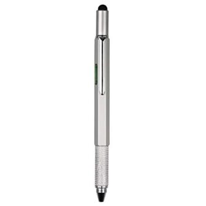 DUNBONG Metal Multi tool Pen 6-in-1 Stylus Pen - With Screwdriver, Ballpoint Pen Black ink, Stylus pen, Level and Ruler, 1-Count (Silver)