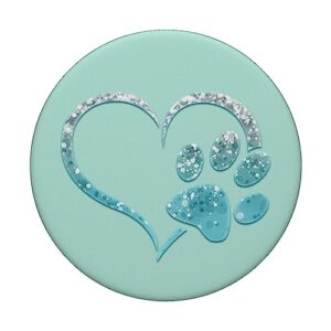 Light Blue colored Dog Paw Print Heart Love Green Mint PopSockets Standard PopGrip