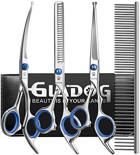 GLADOG Professional 5 in 1 Dog Grooming Scissors Set with Safety Round Tips, Sharp and Durable Pet Grooming Shears for Cats