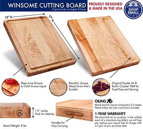 Sonder Los Angeles, Made in USA, Large Thick Maple Wood Cutting Board for Kitchen with Juice Groove, Sorting Compartment, Charcuterie Wooden Board 17x13x1.5 in (Gift Box Included)