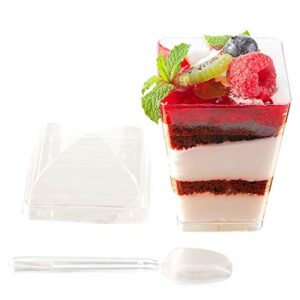 km dessert cups with lids and spoons 5oz pack of 100 - clear tumbler, plastic parfait cups, tasting appetizer bowls, tall square shooters shot glasses mini dessert cups - great for event and party