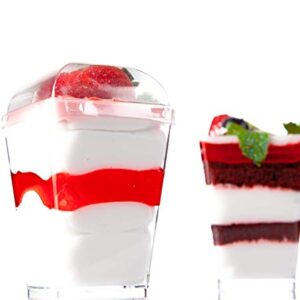 Km Dessert Cups with Lids and Spoons 5OZ Pack of 100 - Clear Tumbler, Plastic Parfait Cups, Tasting Appetizer Bowls, Tall Square Shooters Shot Glasses Mini Dessert Cups - Great for Event and Party