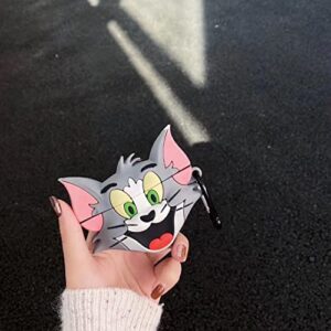 Ultra Thick Soft Silicone Cat Case with Hook for Apple Airpods 1 2 1st 2nd Generation Tom and Jerry Wireless Earbuds Protective 3D Cartoon Anime Grey Kitty Fun Cool Vintage Kids Teens Girls Boys