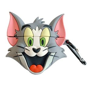 ultra thick soft silicone cat case with hook for apple airpods 1 2 1st 2nd generation tom and jerry wireless earbuds protective 3d cartoon anime grey kitty fun cool vintage kids teens girls boys