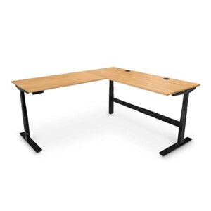 uplift desk bamboo (60 x 60 x 30 x 27 inch) standing desk 3-leg v2-commercial adjustable stand up l-shaped frame (black), advanced keypad, wire grommets, wire tray, rocker board