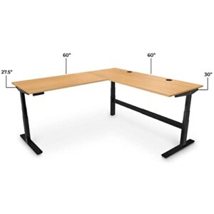 Uplift Desk Bamboo (60 x 60 x 30 x 27 inch) Standing Desk 3-Leg V2-Commercial Adjustable Stand Up L-Shaped Frame (Black), Advanced Keypad, Wire Grommets, Wire Tray, Rocker Board