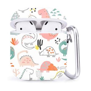 compatible with airpods 2 & 1 – shockproof tpu gel portable protection soft case cover skin with carabiner clip keychain (dino print tshirts)