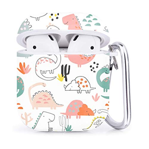 Compatible with Airpods 2 & 1 – Shockproof TPU Gel Portable Protection Soft Case Cover Skin with Carabiner Clip Keychain (Dino Print Tshirts)