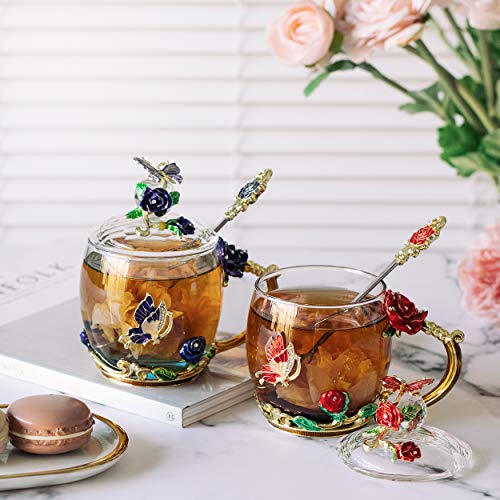 BTaT- Tea Cups with Lids, Pack of 2, Glass Tea Cup, Fancy Tea Cups, Gifts for Women, Tea Mugs for Women, Flower Tea Cup, Blown Glass, Tea Cup Gift, TeaCup, Tea Sets for Women