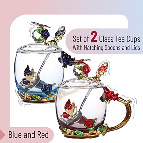 BTaT- Tea Cups with Lids, Pack of 2, Glass Tea Cup, Fancy Tea Cups, Gifts for Women, Tea Mugs for Women, Flower Tea Cup, Blown Glass, Tea Cup Gift, TeaCup, Tea Sets for Women