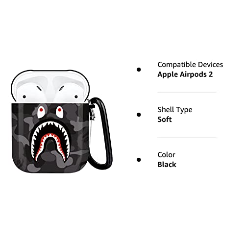 Shark Teeth Softshell Silicone Camouflage Airpods Case, IMD Case Shockproof Case Skin with Key Ring, Suitable for Apple Airpods 1 & 2 Charging Box (Black)