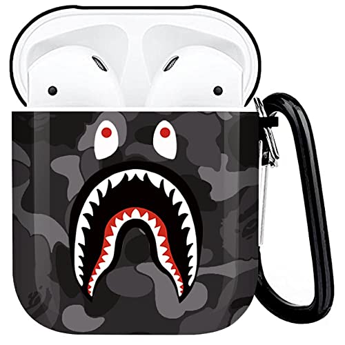 Shark Teeth Softshell Silicone Camouflage Airpods Case, IMD Case Shockproof Case Skin with Key Ring, Suitable for Apple Airpods 1 & 2 Charging Box (Black)