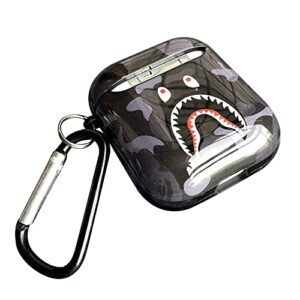 Shark Teeth Softshell Silicone Camouflage Airpods Case, IMD Case Shockproof Case Skin with Key Ring, Suitable for Apple Airpods 1 & 2 Charging Box (Black)