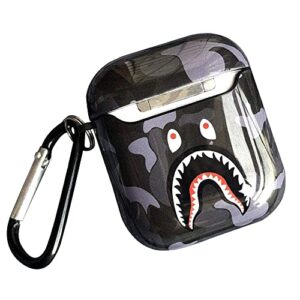 Shark Teeth Softshell Silicone Camouflage Airpods Case, IMD Case Shockproof Case Skin with Key Ring, Suitable for Apple Airpods 1 & 2 Charging Box (Black)