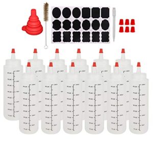 belinlen 12 pack 8-ounce plastic squeeze bottles with red tip caps and measurement - good for crafts, art, glue, multi purpose set of 12 with extra 18 chalk labels 6 red cap and 1 pen