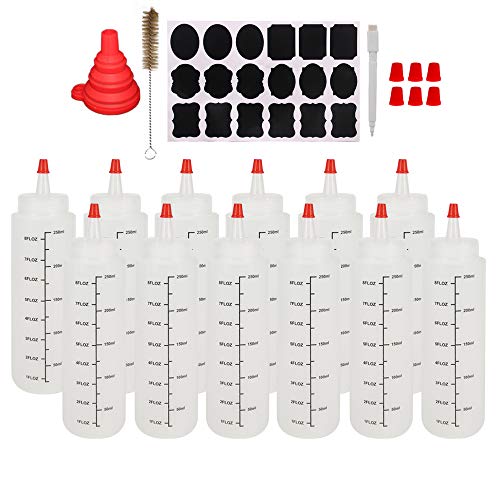 Belinlen 12 Pack 8-Ounce Plastic Squeeze Bottles with Red Tip Caps and Measurement - Good for Crafts, Art, Glue, Multi Purpose Set of 12 with Extra 18 Chalk Labels 6 Red Cap and 1 Pen