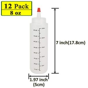 Belinlen 12 Pack 8-Ounce Plastic Squeeze Bottles with Red Tip Caps and Measurement - Good for Crafts, Art, Glue, Multi Purpose Set of 12 with Extra 18 Chalk Labels 6 Red Cap and 1 Pen