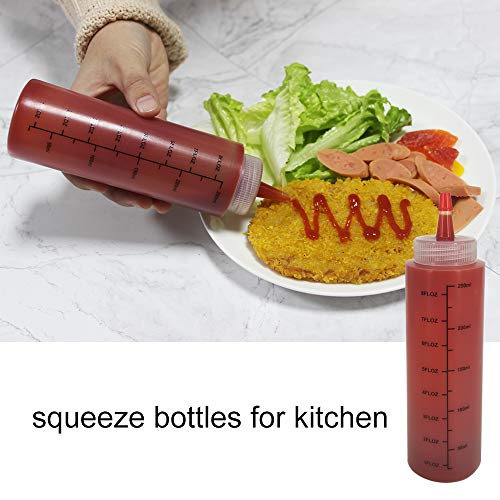 Belinlen 12 Pack 8-Ounce Plastic Squeeze Bottles with Red Tip Caps and Measurement - Good for Crafts, Art, Glue, Multi Purpose Set of 12 with Extra 18 Chalk Labels 6 Red Cap and 1 Pen