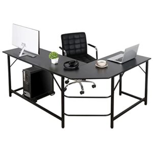 lemy 66 inch x 47 inch large l-shape corner table computer workstation bevel edge angle design pc laptop table w/cpu stand for home office - black