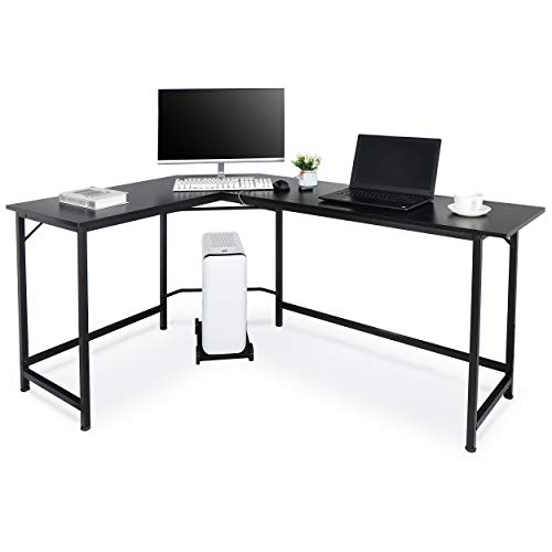 LEMY 66 Inch x 47 Inch Large L-Shape Corner Table Computer Workstation Bevel Edge Angle Design PC Laptop Table w/CPU Stand for Home Office - Black