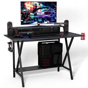 goflame gaming computer desk, large computer gaming workstation with cup & headphone holder, study writing desk for home and office, black