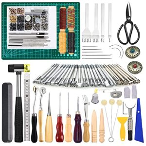 243pcs leather working tools and supplies with instruction, leather stamping tools, snaps and fasteners kit, waxed thread cord, cutting mat, leather tooling starter kit for diy leather craft