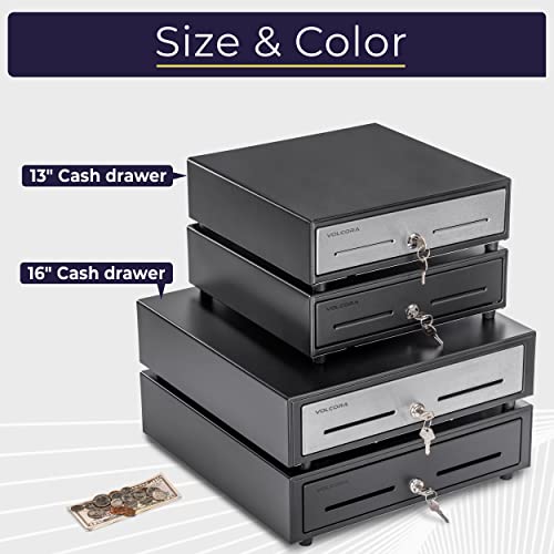 Volcora 13" Cash Register Drawer for Point of Sale (POS) System with Fully Removable 2 Tier Cash Tray, 4 Bill/5 Coin, 24V, RJ11/RJ12 Key-Lock, Double Media Slot, Small Square Money Drawer, Black