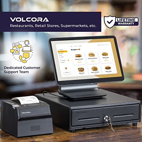 Volcora 13" Cash Register Drawer for Point of Sale (POS) System with Fully Removable 2 Tier Cash Tray, 4 Bill/5 Coin, 24V, RJ11/RJ12 Key-Lock, Double Media Slot, Small Square Money Drawer, Black