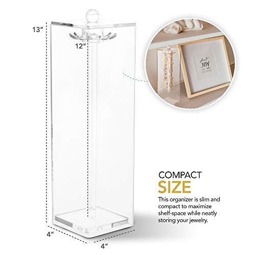 Stock Your Home Long Necklace Holder with 12 Hooks - Acrylic Jewelry Organizer Necklaces Stand and Display Case - Jewelry Box for Chains - Necklace Holder Box for Dressers & Vanity Tables, Clear