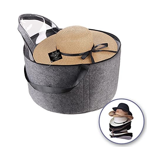 TREEHOUSE LONDON Felt Hat Storage Box | Large 19"D Collapsible Hat Holder Organizer with Dust-proof Lid | Multipurpose, Sturdy, Thick, Stackable | Lined with Metal Frame (19"D x 11.5''H) | Gray (XXL)