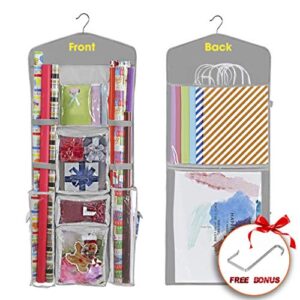 propik hanging double sided christmas gift wrapping paper storage organizer with multiple pockets organize your gift wrap, gift bags bows ribbons 40"x17" fits 40 inch rolls clear pvc bag (grey)