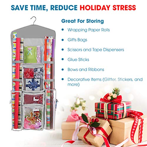 ProPik Hanging Double Sided Christmas Gift Wrapping Paper Storage Organizer With Multiple Pockets Organize Your Gift Wrap, Gift Bags Bows Ribbons 40"X17" Fits 40 Inch Rolls Clear PVC Bag (Grey)