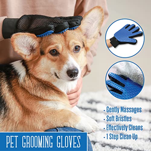 Pets First Dog Grooming Gloves Best Professional Deshedding, Brushing, Cleaning Mitt Tool for Small, Medium or Large Dogs & Cats. Fur & Hair Remover. Prevents Matted Coats. Soft Rubber Bristle Brush
