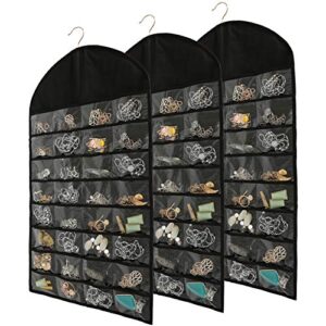foraineam 3 pack hanging jewelry organizer 32 pockets 18 hook and loops necklace holder earrings bracelet ring display storage bag