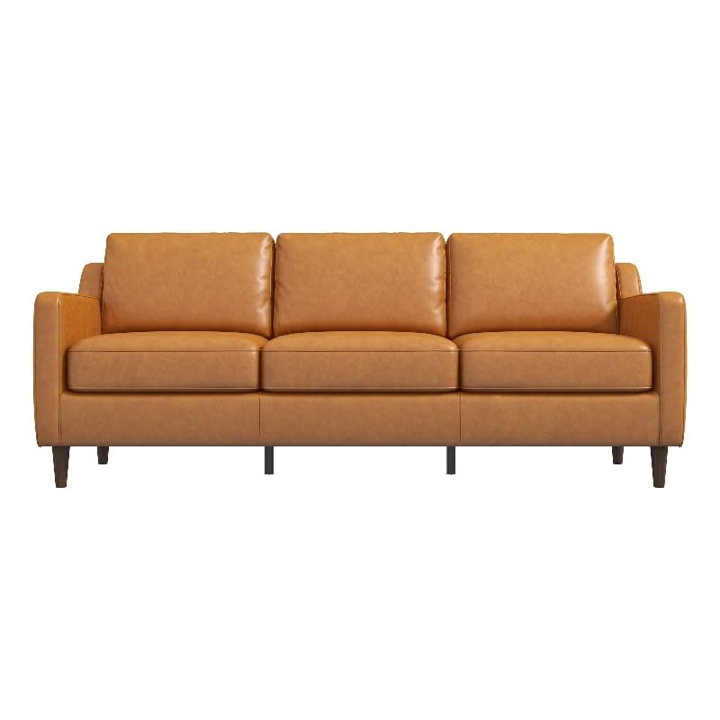 ASHCROFT Madison Mid Century Modern Furniture Genuine Leather Couches in Cognac Tan